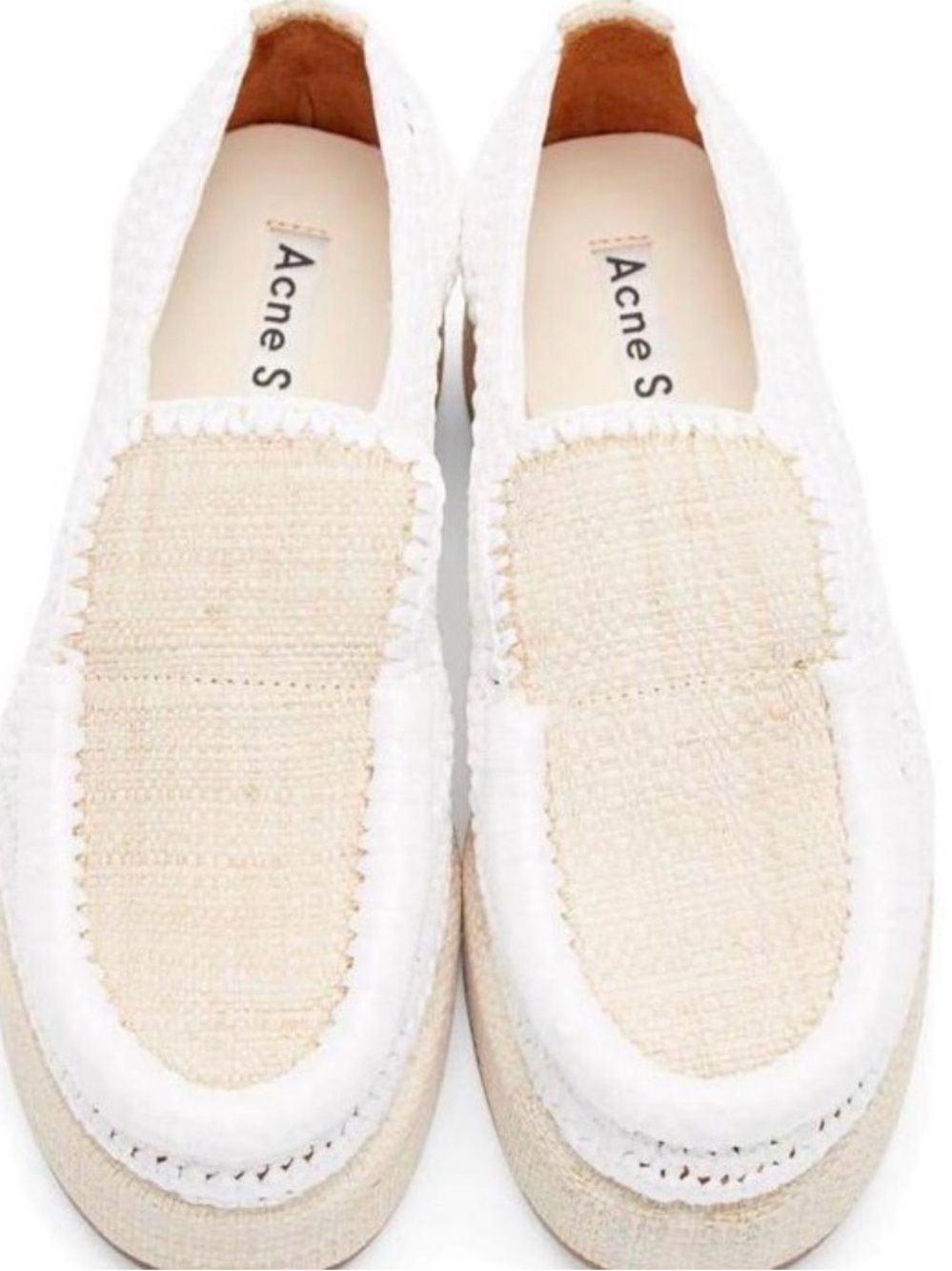 Acne Studios White and Beige Raffia Slip-On Loafers